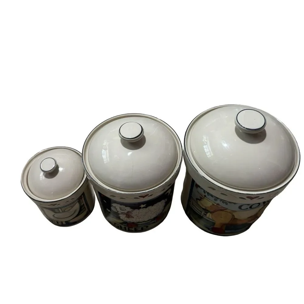 Susan Winget Farm Animals Canisters w/ Lids, Cow Sheep Hen Vintage 3 pc